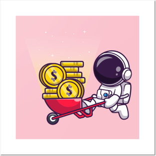 Cute Astronaut Mining Gold Coin Cartoon Posters and Art
